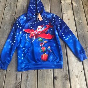John Hancock Santa dropping presents hoodie NWT